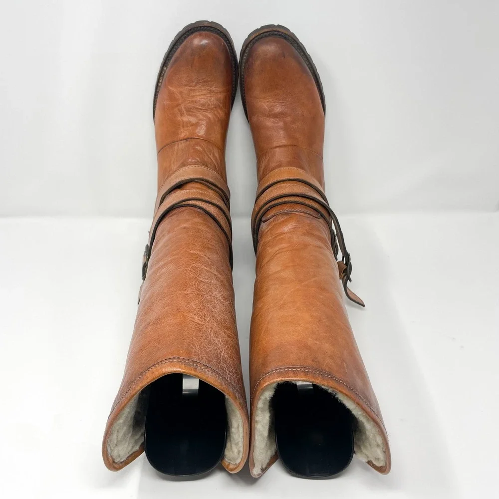 Freebird Steven Dillon Boots Womens 9 Brown Leather Tall Shearling Harness Strap